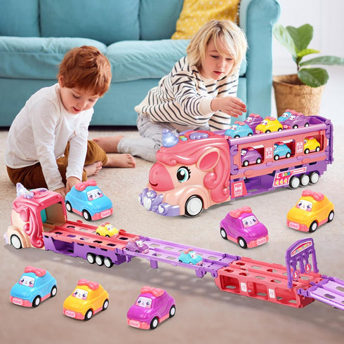 Zlreswer 3 4 5 6 7 3+ Car Toys for Year Old Toddler Girl, Toys Truck & Foldable Race Track Car Toys with Light & Sound