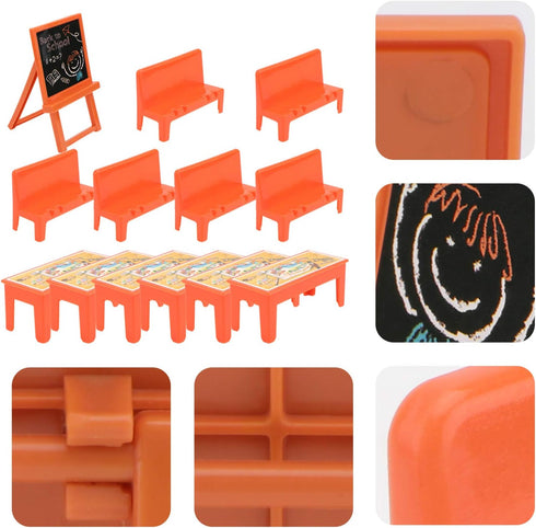 TOYANDONA Miniature Locker Classroom Set, 13pcs Desk, Chair & Blackboard Model Dollhouse Accessory