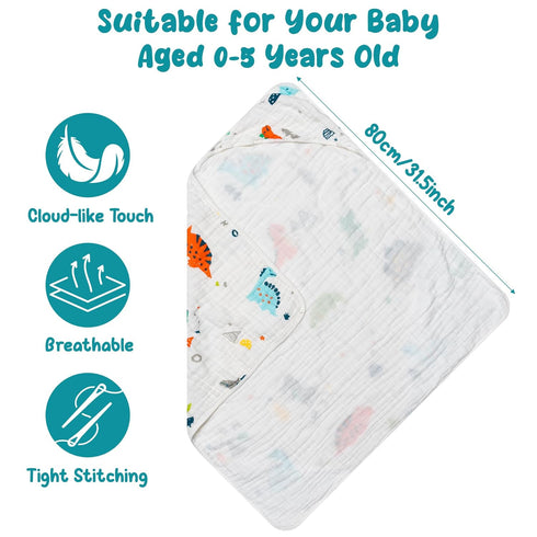 2Pcs Set 31.5 31.5 Zainpe Muslin Baby Hooded Towel Dinosaurs Pattern Soft Cotton Absorbent Bath Towel Blanket