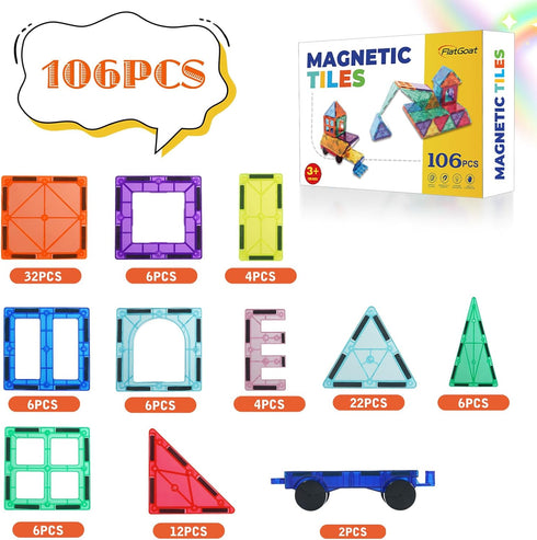 106 Set, 3 4 5 6 7 8+ Magnetic Tiles Piece Magnet Building Blocks for Kids Toddlers, STEM Construction Toys with Gift