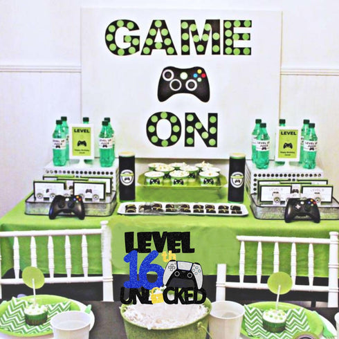 Game Level Up 16th Birthday Cake Topper, Black White Blue Video Game Night Party Decoration