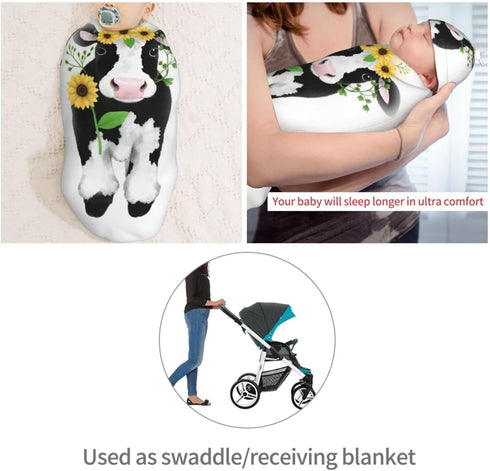 Set Ornate Cow in Sunflowers Newborn Swaddle Blanket with Beanie Soft Baby Sleep Sack Stretch Adjustable Swaddle Wraps