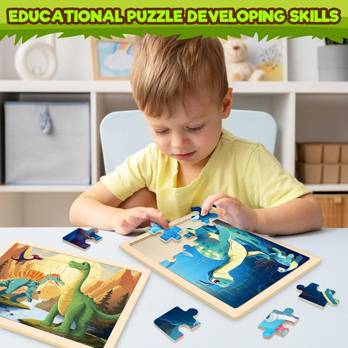 4 Packs Puzzles for Kids Ages 4-6 - Wooden Dinosaur Puzzles for Toddlers Ages 2-4, Educational Dino Toys