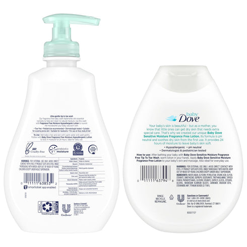 Set, 13 Oz (2 Set) Dove Baby Sensitive Skin Care Bundle Hypoallergenic Wash & Baby Lotion, Fragrance Free Moisture