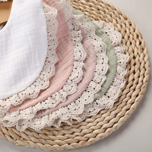 Muslin Baby Bibs Drool Teething Bibs Headband Set, 4-Layer Organic Cotton Lace Waterproof