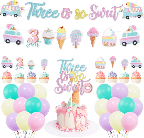 Three Is So Sweet Ice Cream Party Decorations - Banner, Cake, Cupcake
