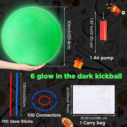 Hiboom 6 Pcs Glow in The Dark 10'' Sports Kickball Set with Dodgeball, Air Pump, 100 Glow Sticks, and Storage Bag for