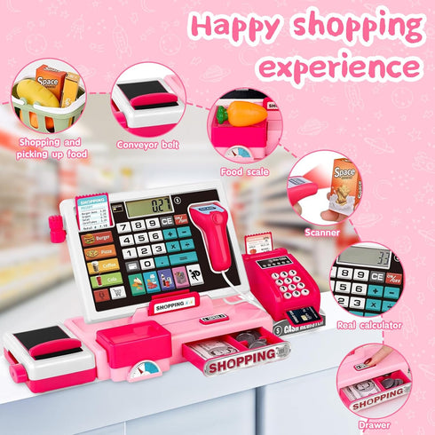 Playset Playset VOPOGLNE Cash Register Toy for Kids, Real Calculator Register, Pretend Play Store with Music, Scanner