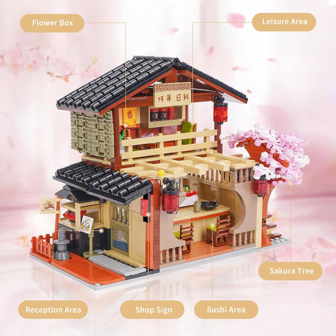 8+ 763 Toy Building Block, Japanese Sushi Shop Model Kit, Compatible with Regular Size Brick, Creative Construction