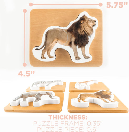 Wooden Montessori Animal Puzzles for Toddlers 2+ Years, Realistic Chunky Safari Animal Shape Puzzle