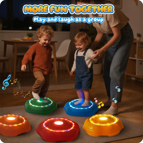 Brezlio 7 3-5 Musical Stepping Stones for Kids - Piano & Drum Tones, Flashing Colorful Lights for Toddler Balance