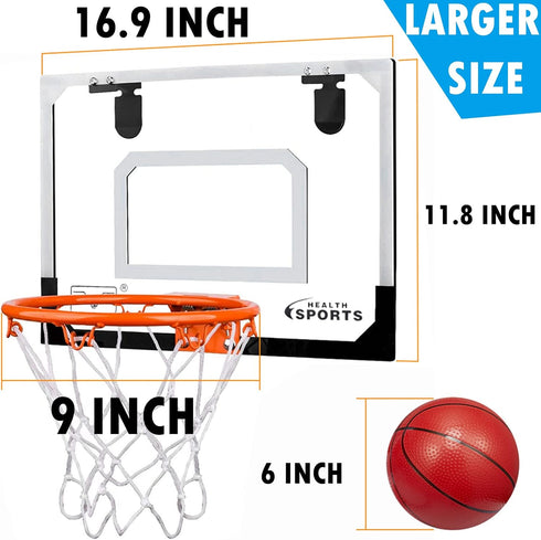 Larger Indoor Basketball Hoop, 17" x 12", 9" Large Dunk Rim for Kids, Over The Door, Shatterproof Backboard, Complete