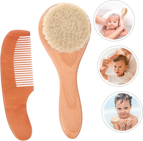 Set 2pcs Baby Hair Brush and Comb for Newborns Wool Brush and Wooden Comb Infant Bath Scrubber for Gentle Grooming