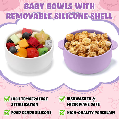 4 Sets 2-in-1 Domensi Kids Porcelain Bowls with Removable Silicone Sleeve Porcelain Toddler Bowls Microwave Dishwasher