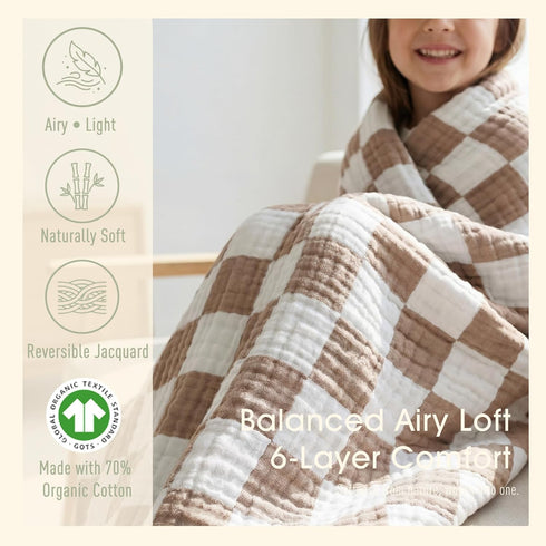 6-Layer 50x60 Muslin Toddler Blanket - Made with Organic Cotton, Large Crib Quilt & Bedding for Kids & Moms (Coffee