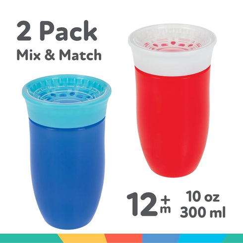 Nuby Wonder Cup with 360 Smart Edge Silicone Rim, 10 oz, Red/Blue, 2-Pack