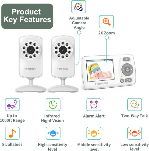 HelloBaby 2 2.4'' 1000ft Monitor with Cameras, Portable Travel Screen Baby Monitor No WiFi, Long Range Video Baby