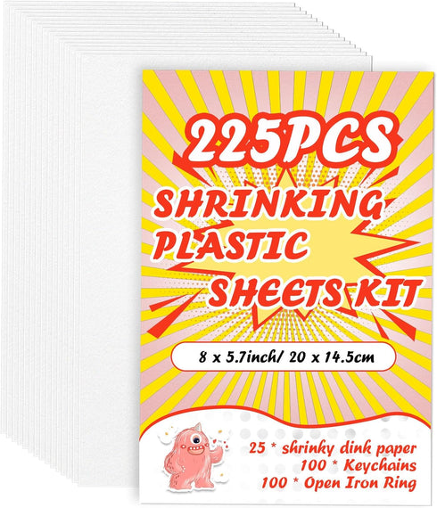 225PCS Shrinky Dink Kit, Shrink Plastic Sheets with 25PCS Shrinky Dink Paper, 100PCS Keychains for Kids Crafting
