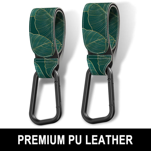 Baby Stroller Hooks for Hanging Bags, Universal Clips for Diaper Bag, Shopping Bag, Purse, Green Leaf, 2 Pack