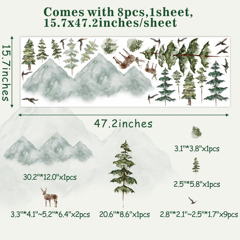Mountain Wall Decals Large Pine Tree Wall Decals Peel and Stick Forest Tree Deer Birds Woodland Animal Decal Mountain