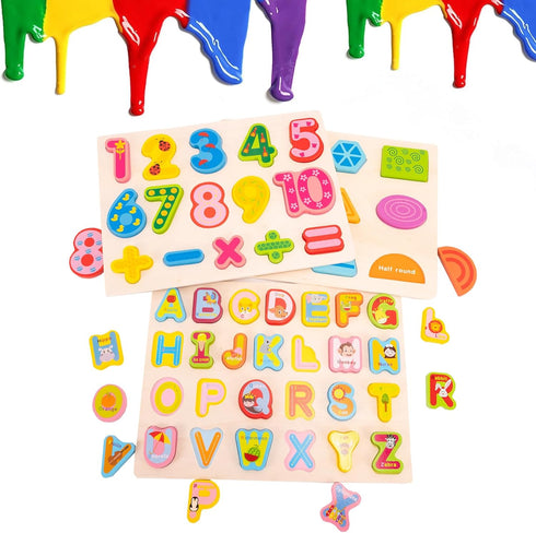 Wooden Alphabet Number Shape Learning Puzzles for Toddlers, 3 in 1 ABC Letter Puzzle Board Set for Ages 3-5 Educational