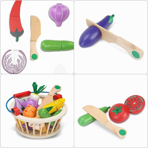 Victostar Magnetic Wooden Cutting Fruits and Vegetables Play Toy Set with Basket