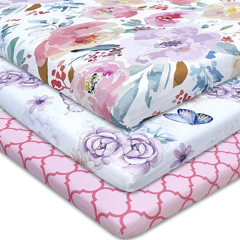 AMROSE 3 Pack Pack Set Soft Mini Crib Sheets, Microfiber N Play Sheets for Baby Girls, Silk Touch Gentle, Fitted