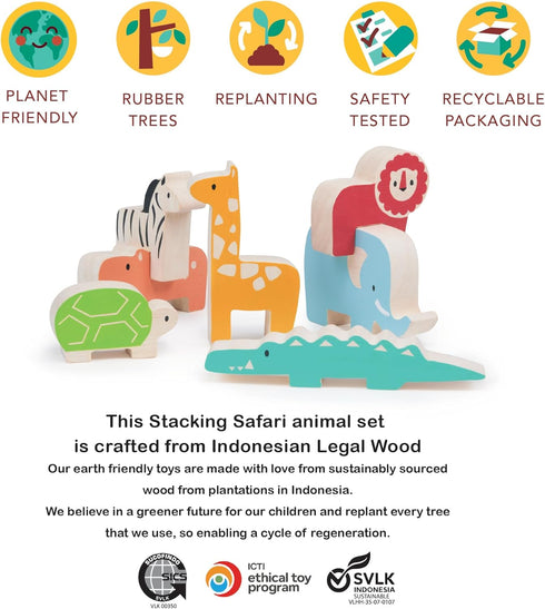 Happy Stacking Safari – 7pc Wooden Stacking Toy for Toddlers – Colorful Balancing Activity Toy with Bag