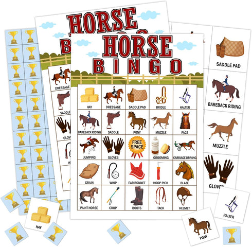 Horse Farm Bingo Cards, 24 Player Pony Party Game for Family Adult Celebration Activity