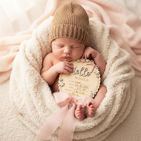 Tucnoeu Baby Announcement Sign, Wooden Hello World Newborn Welcome Sign, Bow Birth Stats Signs Newborn Photo Prop