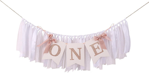 TUTOTU 1st Rose Gold Blush & White Birthday Banner - Highchair Banner, Party Decoration