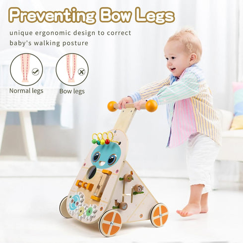 Wooden Baby Walker, Adjustable Speed Push and Pull Learning Activity Walker, Toddler Activity Center Toys