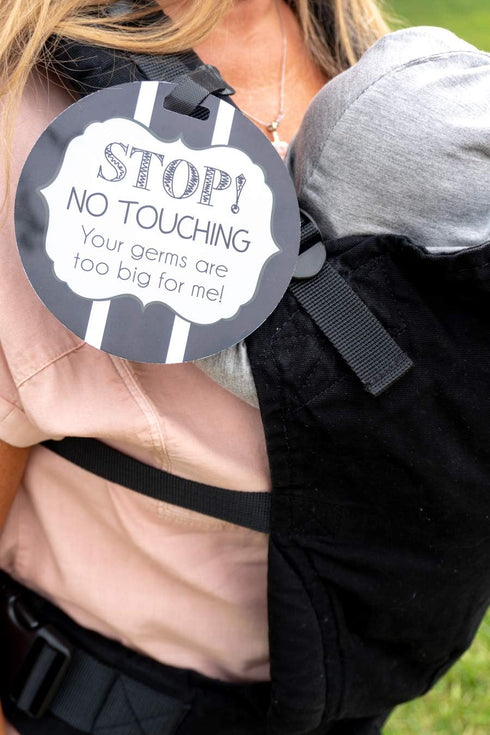 THREE LITTLE TOTS Black and White Stop No Touching Baby Car Seat Sign, CPSIA Safety Tested Stroller Tag