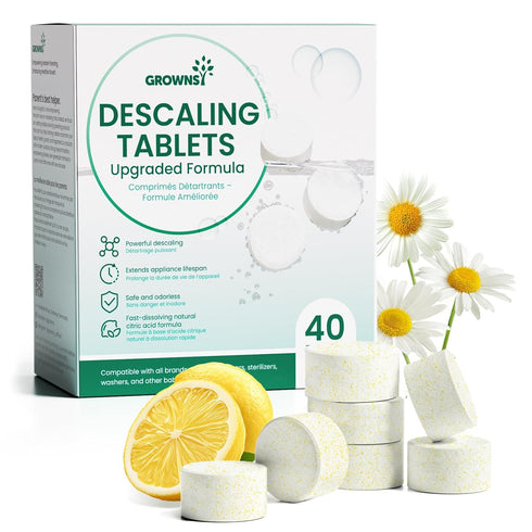 GROWNSY Descaling Tablets for Bottle Washer, Plant-Based Formula with Lemon & Chamomile, Sterilizer
