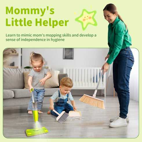 Set, Set, Set Kids Spray Mop,Toddler Mop Cleaning Real Working Mini Mop & Kids Broom Dustpan Housekeeping Pretend Play