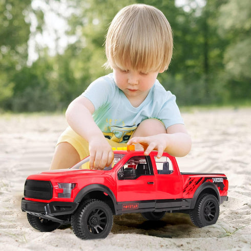 3+ Red Pickup Truck Toy with Lights and Sound Effects, Featuring Doors That Open, Toy Cars Gifts for Year Old Kids.