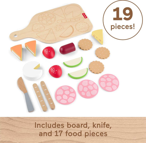 Set, 19-Piece Playset 3+ Fisher-Price Wood Pretend Play Toy Charcuterie Board with Wood & Fabric Food for Preschool