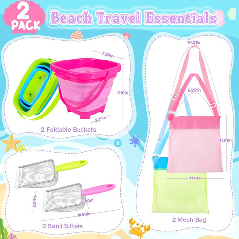 Meaicezli 2 Packs Beach Toys, Sand Toys for Shell Collecting, Collapsible Sand Buckets Shark Tooth Sifter and Mesh Bag