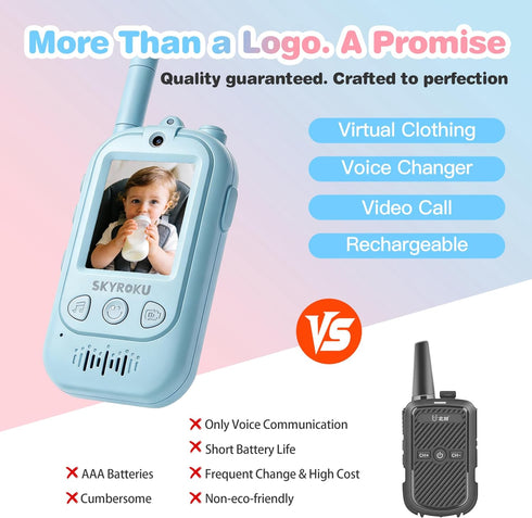 SKYROKU 1600ft 4-10 (2 Pack) Video Walkie Talkies for Kids with AI Voice Changer & Magic Virtual Costumes, Long Range