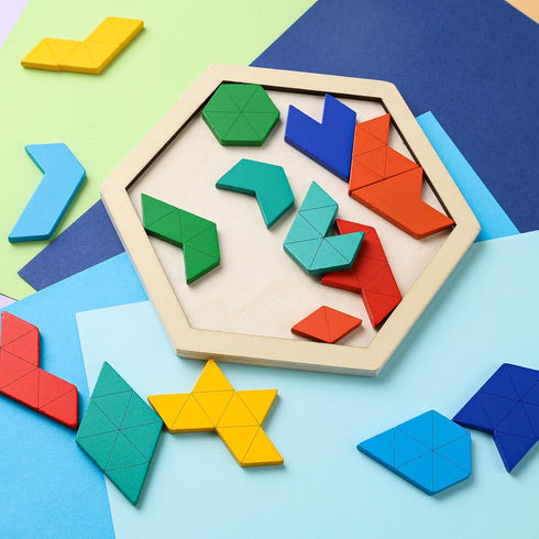 3 Otters Wooden Hexagon Puzzles, Brain Teaser Blocks for Kids, Montessori Educational Shape Pattern Block for All Ages