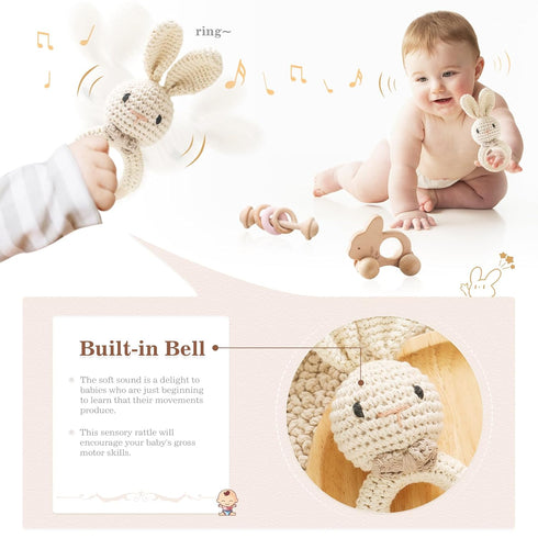 Wooden Baby Rattle 3 PCS Push Car Rattle Set, Crochet Rattle Ring Montessori Toy for Newborn Gifts