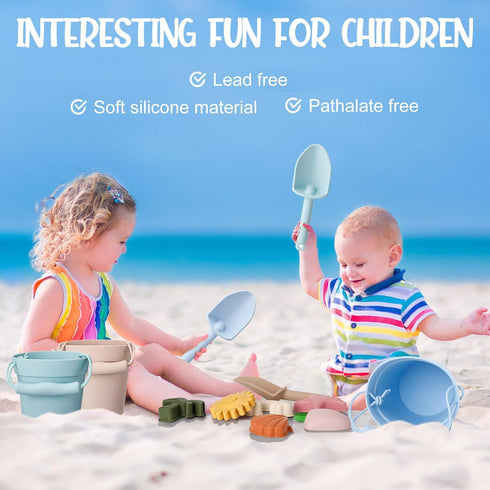 Hungdao 16 Pcs Colorful Silicone Beach Toys Set, Includes 3 Buckets, 3 Shovels, 9 Molds, 1 Beach Bag