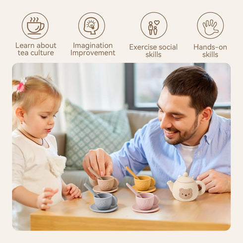 Set 1-3 Set 3 4 5 (15 Tea Party for Little Girls Kids Tea with Silicone Teapot Cups Coasters Carrying Scoop Wooden