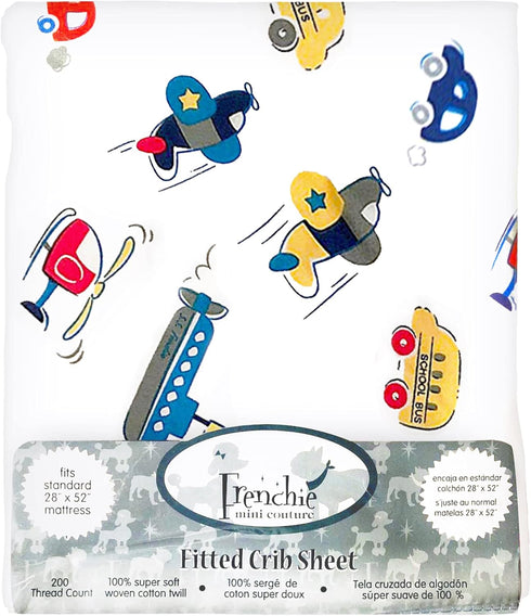 Frenchie Mini Couture , Cars, Boats, Planes Single Pack Fitted Crib Sheet 100% Cotton, 28