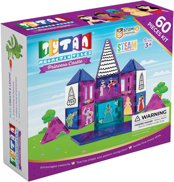Tytan Tiles Princess Castle 60-Piece Magnetic Tiles Building Set, Adorable Kids STEM