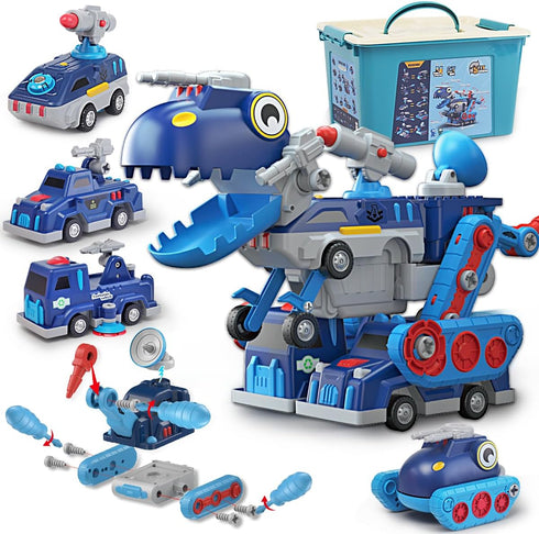 Take Apart Vehicle Magnetic Toy, 5-in-1 Tool Building Trucks Transform to Dinosaur Robot for Kids