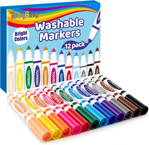 TooyBing 12 Color Washable Markers, Colored Washable Markers for Kids, Broad Tip