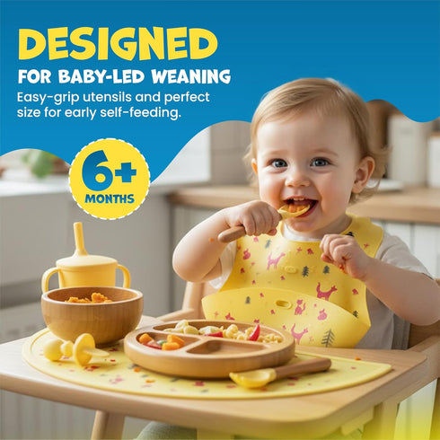 Set 8 Set Bamboo & Silicone Baby Feeding PCS | Baby Led Weaning Supplies Self Feeding | Divided Suction Plate Bowl Bib