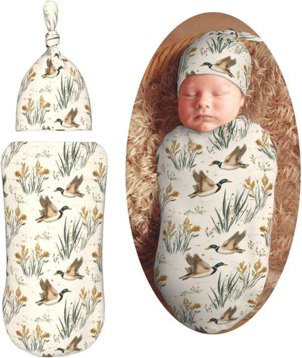 Vintage Mallard Ducks Flying Newborn Swaddle Blankets Hat Sets Soft Baby Receiving
