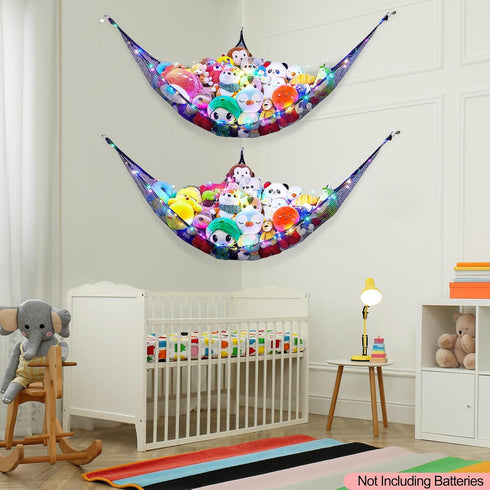 Stuffed Animals Net or Hammock - Kids Toy Storage Organizer with LED Light Unicorn Castle Hanging Corner Holder